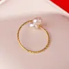 Anel de pérola de água doce em formato de grão de arroz anel de metal simples pulseira para dedo indicador masculino e feminino com abertura joia ajustável