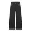 Diseño de patchwork de lunares estilo americano, jeans de pierna recta, unisex, corte holgado, estilo high-street, efecto adelgazante, pantalones largos versátiles