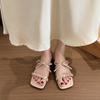Pantuflas de Tacón Grueso para Mujer Verano para Mujer 2025 Nuevo Estilo Francés Pedrería Lazo de Hada Hermosas Sandalias