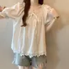 Camisa de encaje estilo francés con cordones, mangas abullonadas fruncidas, nuevo top babydoll dulce de encaje para mujer 2026, blusa entalladora