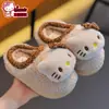 Chinelos infantis de algodão autênticos da Hello Kitty para o inverno, quentes e felpudos para meninas, sapatos de algodão antiderrapantes para casa para bebês