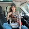 Camiseta de Algodão Puro com Patchwork de Renda Tendência 2025 para Mulheres, Gato de Desenho Animado Ins Graffiti, Top Versátil Listrado Solto Redutor de Idade