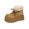 Botas de Neve Quentes com Plataforma de Solado Grosso para Mulheres 2024 Novo Estilo de Inverno com Cadarço Forradas com Lã Espessadas Bico Redondo Botas Curtas de Algodão