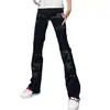 Estilo Nuevo Moda de Comercio Exterior Tendencia Jeans Acampanados para Hombre Ajuste Delgado Cintura Media Elásticos Bordados Negros Marca de Tendencia