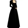 Nuevo Vestido Negro de Cuello en U Estilo Francés para Mujer Otoño e Invierno, Elegante Cruzado Ceñidor de Cintura Adelgazante Versátil Falda Larga Línea A