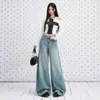Pantalones vaqueros de lino azul oscuro con diseño repujado en plata para mujer, novedad principios de otoño 2026 de tiro alto, holgados, pierna curva, de algodón
