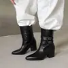 Botines estilo Western de cuero genuino retro para mujer, con puntera fina, tacón grueso de 6 cm, hebilla de cuero y efecto adelgazante, botas Martin de tacón alto