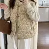 Chaleco acolchado floral estilo japonés con cuello alto para mujer petite, Chaqueta de algodón cálida holgada retro, Nuevo de Invierno 2025