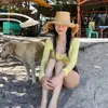 Nuevo Traje de Baño Conservador de Manga Larga con Contraste de Color Estilo Slim-fit de Corea del Sur con Abertura para Vacaciones en Aguas Termales para Mujer