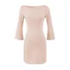 Roupas femininas estilo europeu e americano, gola canoa francesa, alta elasticidade, cor macaron, mangas flare, mangas três quartos, acinturado, saia justa