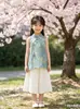 Nuevo Conjunto de Estilo Nacional Chino para Niñas, Nuevo Conjunto de Dos Piezas de Verano para Niños con Top sin Mangas Cheongsam Mejorado y Pantalones de Pierna Ancha