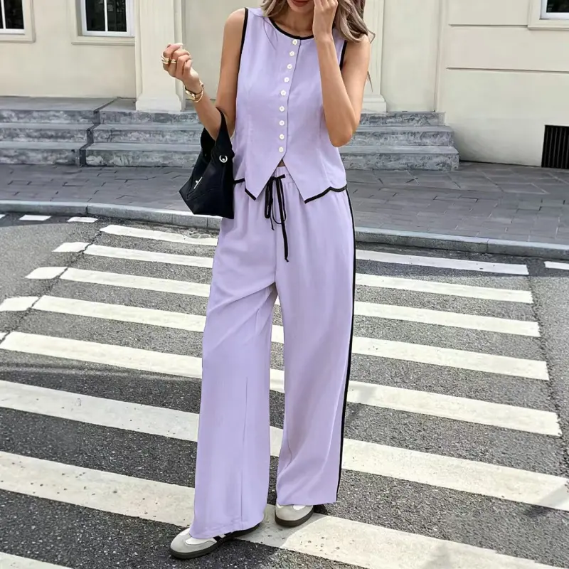 现货 夏季跨境外贸欧美码女士撞色无袖单排扣背心和抽绳长裤套装