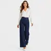 Pantalones Largos Casuales Sueltos de Pierna Ancha de Punto de Cintura Alta con Hebilla Diagonal Irregular Estilo Europeo y Americano Elásticos en Cuatro Direcciones Denim Suave para Mujer