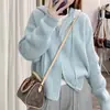 Suéter com capuz e cordão de cor sólida, estilo coreano, outono e inverno, novo, simples, feminino, estilo preguiçoso, macio, tipo glutinoso, casaco cardigã de tricô com zíper