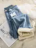 Jeans Ajustados de Pierna Ancha con Forro de Polar para Mujer, Nuevo Estilo Otoño e Invierno 2025, Azul Claro, Engrosados, de Cintura Alta, Pantalones Rectos para Mujer Petite