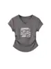 Camiseta de Manga Corta para Mujer con Diseño Plisado que Ceñe la Cintura, Estilo Verano, Modelo Nuevo, Cuello en V en el Hombro Derecho, Corte Ajustado, Top Versátil de Algodón Puro para Mujer