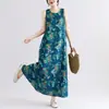 Toma real de 2026 del nuevo vestido largo bohemio, nuevo vestido de verano sin mangas de talla grande con cuello redondo estampado