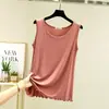 Camiseta sin mangas de color liso para mujer, con volantes, cuello redondo y sin mangas, top fino de modal, corte holgado, blanco