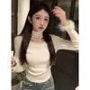 Camiseta Base de Felpa Suave Mao Mao con Costuras Colgante al Cuello Cuello Redondo para Mujer Otoño e Invierno Nueva Ajustada Adelgazante Manga Larga