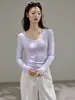 Camiseta Básica de Manga Larga con Cuello Redondo, Polar Fino Cepillado Versátil Eco-Silk de 260g para Mujer, Otoño e Invierno, Top de Hombro Normal