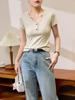 # Algodón Peinado Puro # Camiseta de Manga Corta con Cuello en V de Diseño de Alta Gama para Mujer, Nuevo Estilo Verano 2026, Top Retro con Botones en el Hombro.