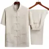 Conjunto de Camisa de Algodão com Seda de Gelo de Manga Curta para Meia-Idade e Idosos, Novo Estilo Chinês de Verão, Roupa Tang Solta para Homens, Pais e Idosos