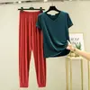 Conjunto Casual de Dos Piezas para Mujer Verano V-Neck Conjunto de Pijama Ropa de Casa Se Puede Usar Afuera Delgado Casual Modal Manga Corta