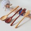 Cuchara de madera sencilla de 22,5 cm, tenedor de madera combinado, cuchara de mango largo, tenedor, vajilla portátil para adultos, juego de dos piezas