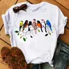 Deseo ebay comercio exterior mujeres europeas y americanas holgada cuello redondo estampado de pájaro blanco manga corta camiseta cuello redondo