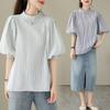 Camisa de manga corta holgada con cuello redondo pequeño, a rayas japonesas y coreanas, estilo francés abullonado, combinable con todo.