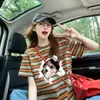 Camiseta de Estilo Dulce con Dibujo de Gato, Longitud Media, Estilo Coreano para Mujer, con Rayas de Color Contrastante, Corte Holgado, Adelgazante, Top Versátil