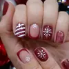 Navidad Rojo Vino Copo de Nieve Uñas Postizas Rayas de Caramelo con Brillo Uñas Falsas Estilo Festival Puntas de Uñas Hechas a Mano Venta al por Mayor