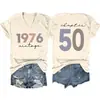 1976 Vintage Capítulo50 Amazon Ebay Sitio Independiente Moda Versátil Camiseta de Manga Corta con Cuello en V para Mujer