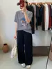 Calça Wide Leg Minimalista para Mulheres, Azul Escuro, Fluida, Emagrecimento, Calça Longa Casual Versátil, Jeans com Fleece de Liocel, Calça com Forro de Fleece