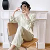 Muzhen Silk 2026 Novo Pijama Acolchoado de Seda Gelada para Mulheres, Conjunto de Manga Longa, Cor Sólida, Gola Reversível, Tamanho Plus, Roupa de Dormir, Fina