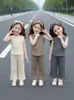 Conjunto de Seda Gelada Novo Estilo Verão para Bebê Menina, Roupa de Verão para Bebê Menina, Conjunto de Duas Peças com Colete Solto Sem Mangas e Calça Longa