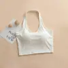 Camisola de Color Herbal con Copas en el Pecho, Top de Cuello Halter, Diseño Integrado de Espalda Hermoso, Blanco, Adecuado para Primavera, Como Prenda Exterior o para Superponer