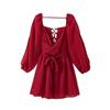 24 Verano Ropa Europea y Americana Estilo Europeo y Americano Moda Cinco Colores Cuello en V Mangas Descubiertas Vestido con Cordones en la Espalda D1-10579