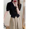 Cardigan de Tricô Azul Francês com Decote V Manga Curta Feminino Fino Cintura Curta Camisa Base Cintura Ajustada Pequena Camisa A3623