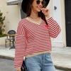 Fábrica de origen transfronterizo Suéter de amor para el Día de San Valentín para mujer europeo y americano a rayas en contraste con cuello en V Top casual de punto para mujer
