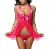 Lencería de Cuello para Mujeres Europeas y Americanas Comercio Exterior Malla Multicolor Sexy Camisón Transparente Talla Grande Pijama de Corte Bajo Rojo