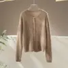 Cardigan de Tricô Escovado com Mistura de Lã de Ovelha e Cashmere, Novo Estilo Outono Inicial, para Mulheres, Gola Redonda, Camada, Top Estilo Preguiçoso