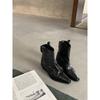 Couro Integral ~ Couro Genuíno Bico Quadrado Botas Curtas da Moda para Mulheres Dobradas Salto Grosso Botas de Salto Alto Botas Western Botas Finas para Tornozelo