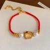 Pulseira de Rede Azul Dourada com Flor de Vidro Pérola Zircônia Brilhante Pulseira Elegante de Luxo Leve Joia de Mão Versátil da Moda