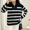 Suéter de punto tipo pullover holgado de estilo coreano para otoño e invierno, con color contrastante, media cremallera y rayas para mujer, adecuado para primavera y otoño