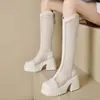 Botas de Tela Altas da Moda Femininas Verão 2026 Finas Vazadas Respiráveis Longas Botas Únicas Pessoas Baixas Sandálias com Salto Grosso Botas