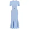 Vestido de punto versátil de manga corta de alta gama para mujer, fresco y dulce, ajustado, estilo cola de pez, largo de seda helada, para oficina