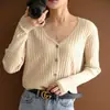 Nova coleção outono e inverno: cardigã curto macio e confortável, suéter de tricô feminino com decote V, peça de outer wear de cintura alta