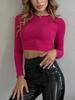 Camiseta de tirantes de canalé de color liso transfronteriza europea y americana para mujer, color brillante, moda de primavera, ajustada al ombligo, top corto de manga larga europeo y americano