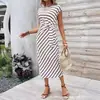 Vestido Largo Rayado de Cuello Redondo y Manga Corta con Cinturón Estilo Elegante Transfronterizo Vestido de Verano para Mujer